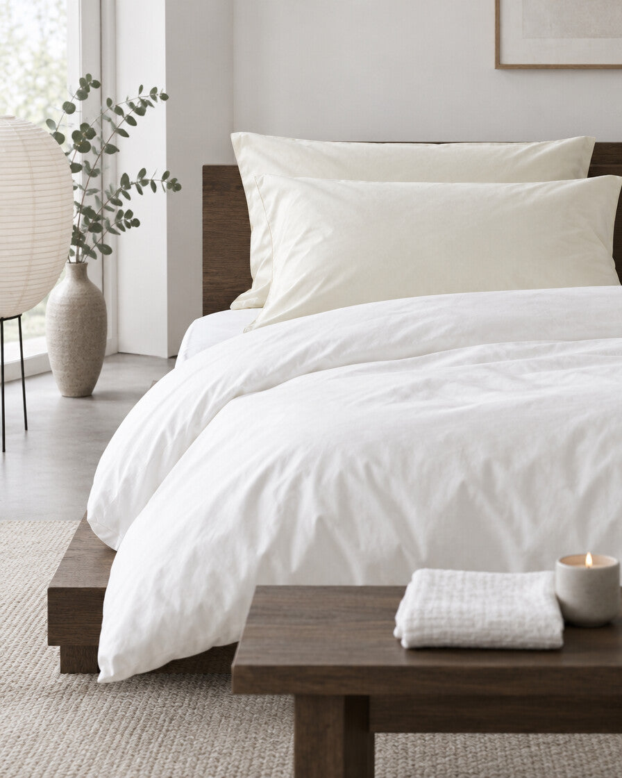 Cream silky cotton pillowcases in a calm Japandi bedroom on a low dark-oak bed