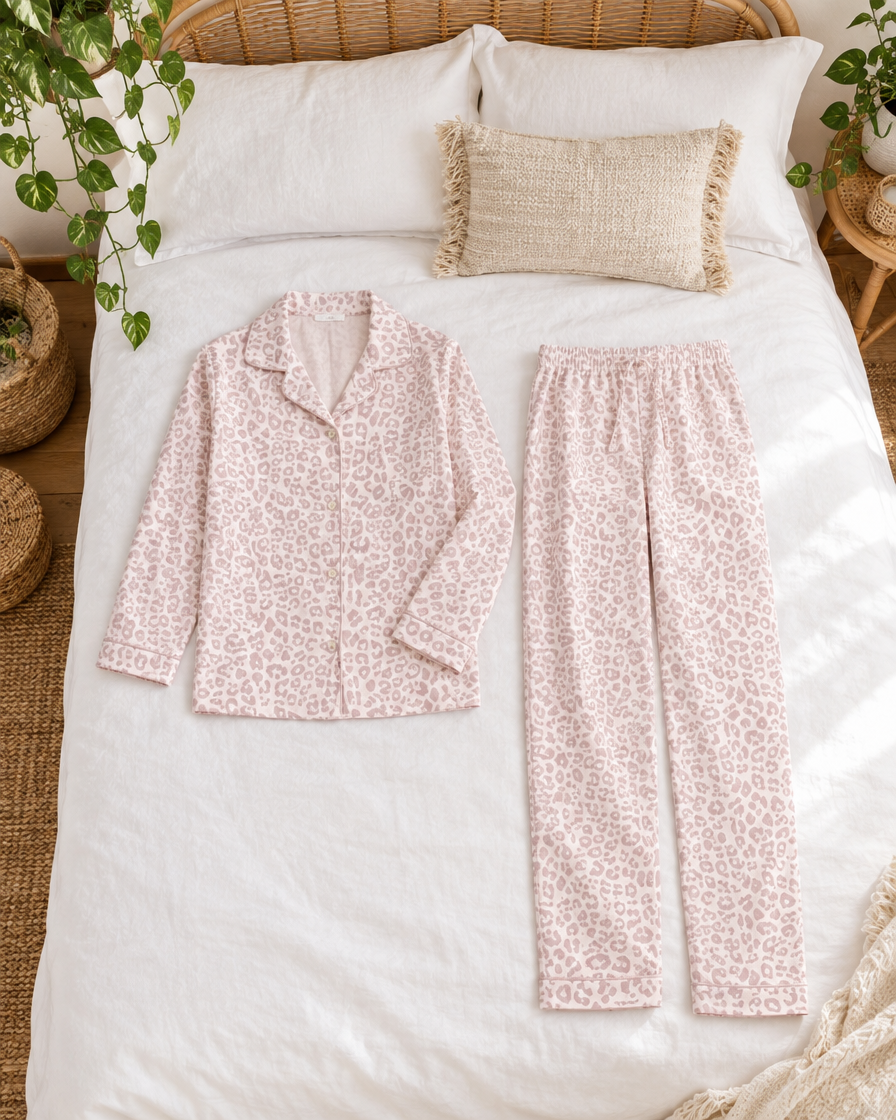 Pink Cheetah cotton long pyjama set laid flat on white bedding in a boho bedroom with trailing plants.