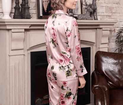 19 momme Pink Roses Long Pyjama Set — Women's