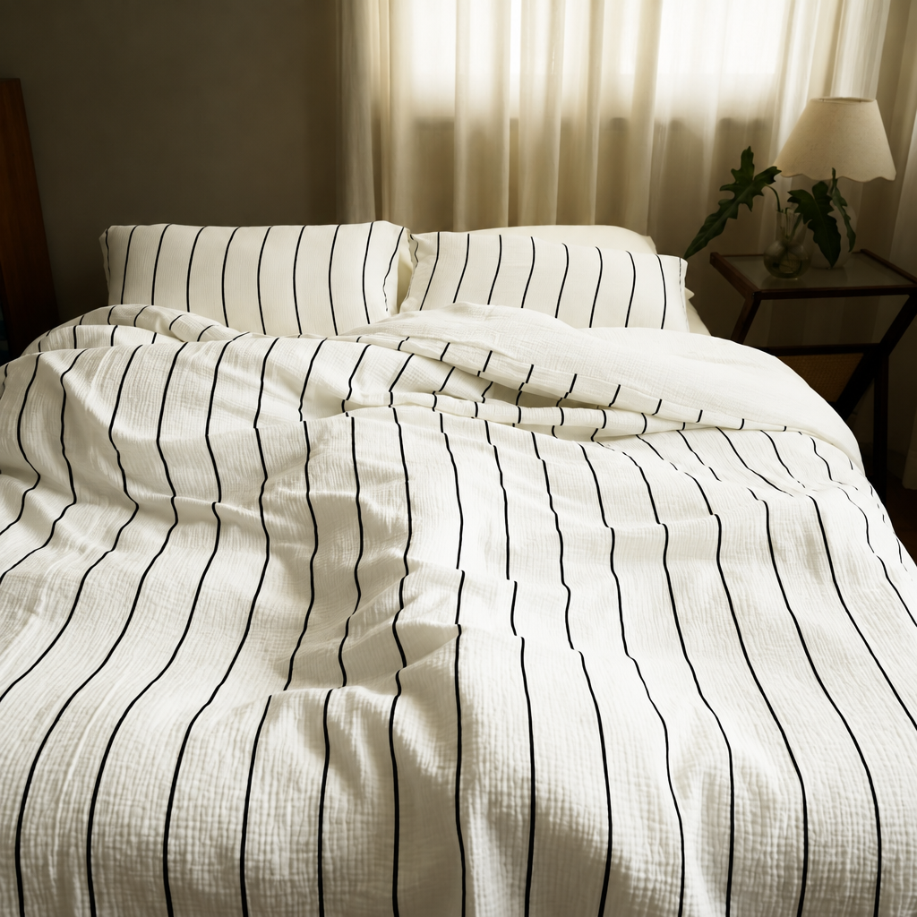 Black Pinstripe cloud cotton duvet cover and pillowcases on a bed in a dim bedroom with sheer curtains.