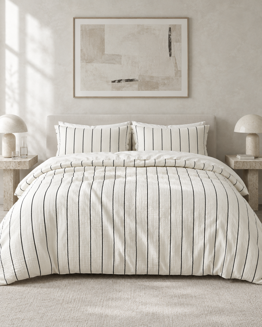 Black Pinstripe cloud cotton duvet cover and pillowcases on a symmetrical bed with travertine tables and framed abstract art.
