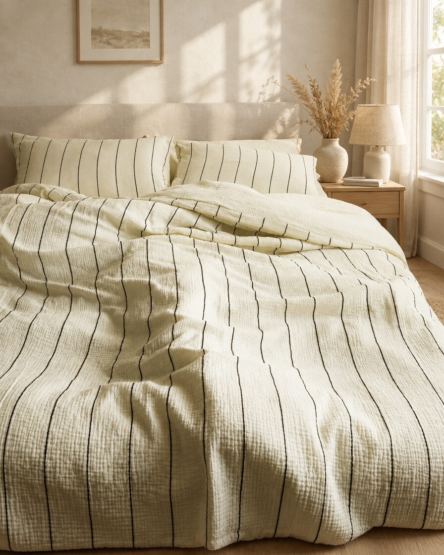 Cream pinstripe cloud cotton duvet, styled in a calm sunlit Scandinavian bedroom