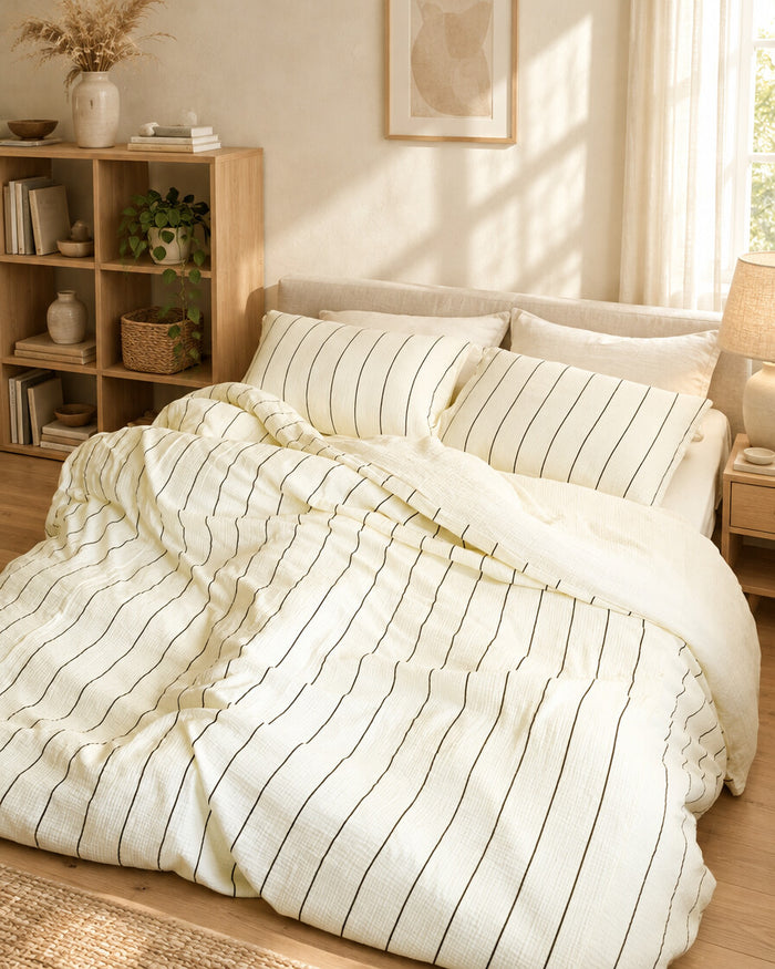 Pinstripe Cloud Cotton bedding in a bedroom with oak shelving