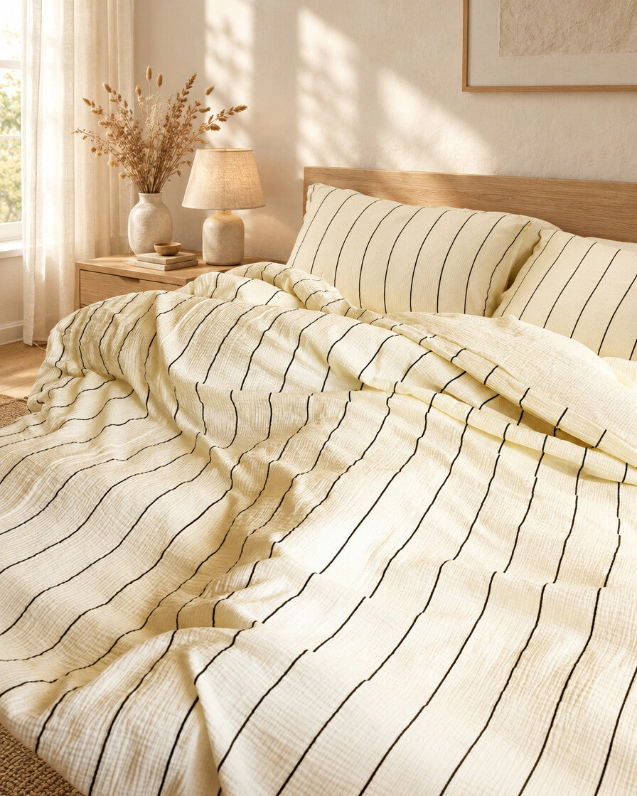 Cream pinstripe cloud cotton duvet and pillows, styled in a calm sunlit Scandinavian bedroom