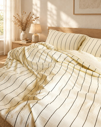 Cream pinstripe cloud cotton duvet and pillows, styled in a calm sunlit Scandinavian bedroom