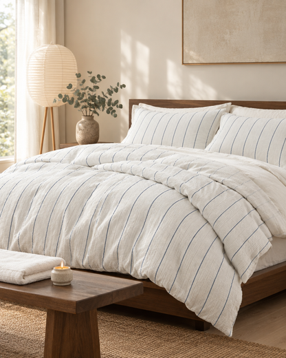 Cream Pinstripe Cloud Cotton bedding set on a dark-oak Japandi bed with a paper lantern and bench with candle
