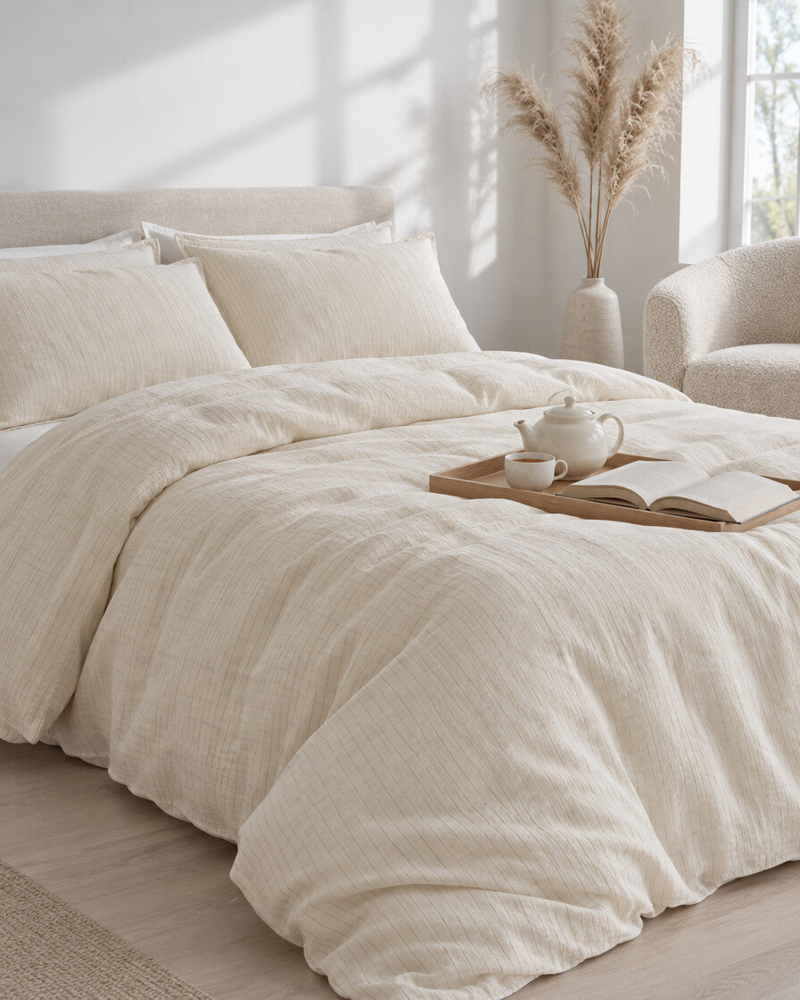 Cream pinstripe cloud cotton bedding set with a tea tray and open book, a boucle armchair in the corner