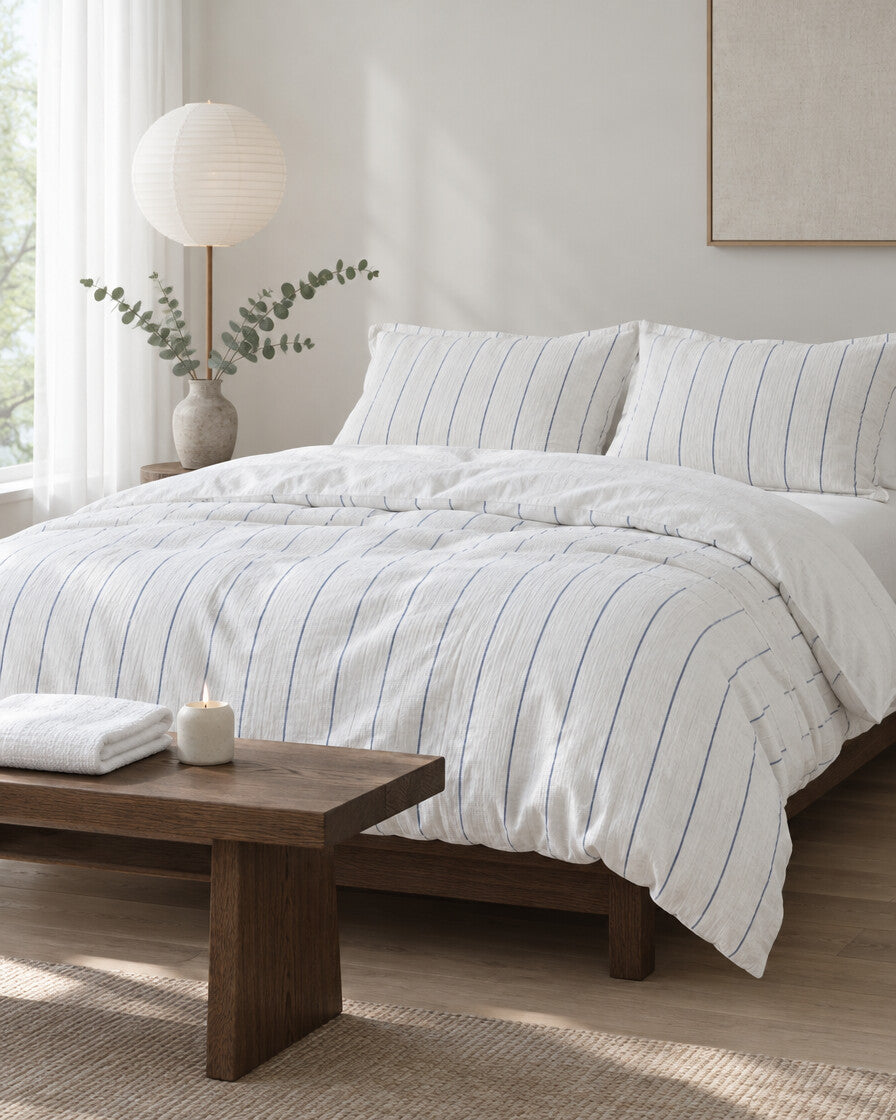 Cream pinstripe cloud cotton bedding set in a calm Japandi bedroom on a low dark-oak bed