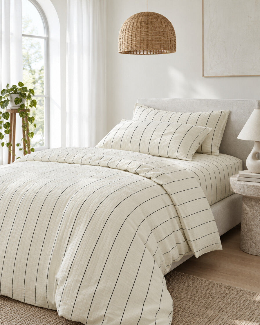 Cream pinstripe cloud cotton bedding set beneath an arched window with a trailing pothos and rattan pendant