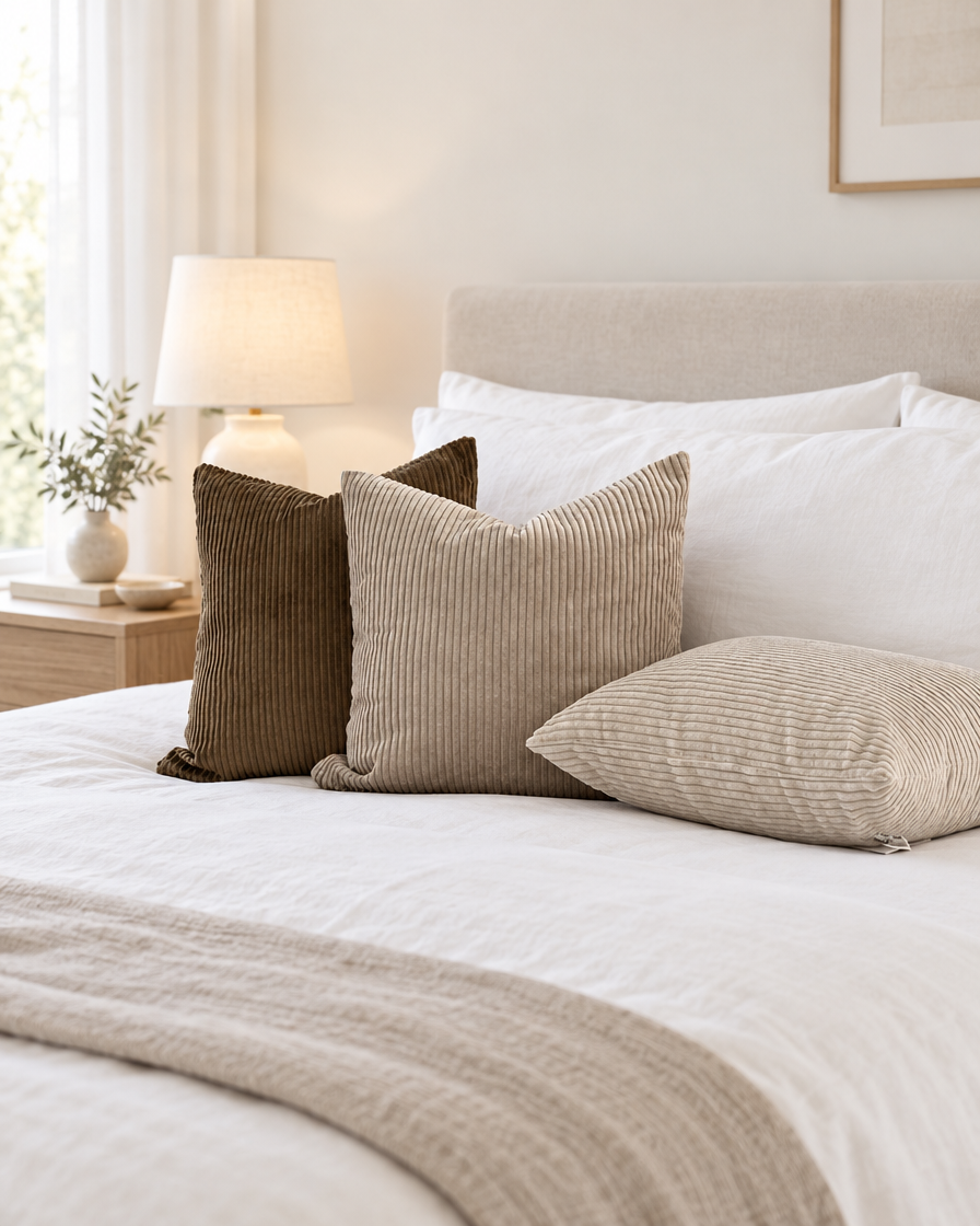 Ribbed pinstripe jacquard cushions in chocolate, taupe and cream on a made bed with white linen