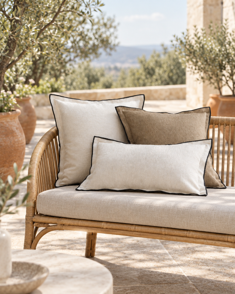 Piped edge cushions in cream and khaki with black piping on a rattan sofa on a sunny terrace