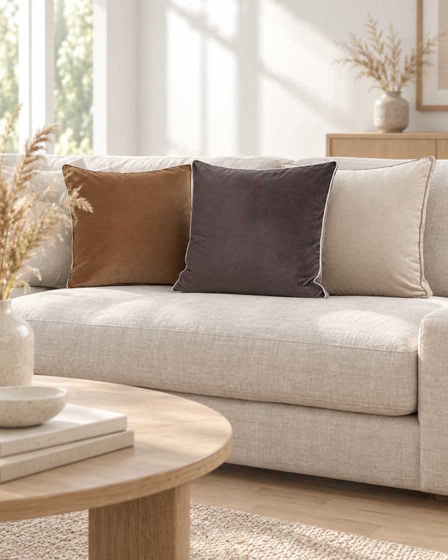 Piped soft-touch cushions in caramel, plum brown and oat on a linen sofa in a sunlit Scandinavian room