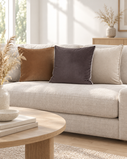 Piped soft-touch cushions in caramel, plum brown and oat on a linen sofa in a sunlit Scandinavian room
