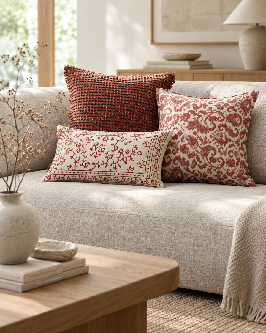 Red and ivory embroidered cushions on a sofa in a Japandi lounge with a low oak table