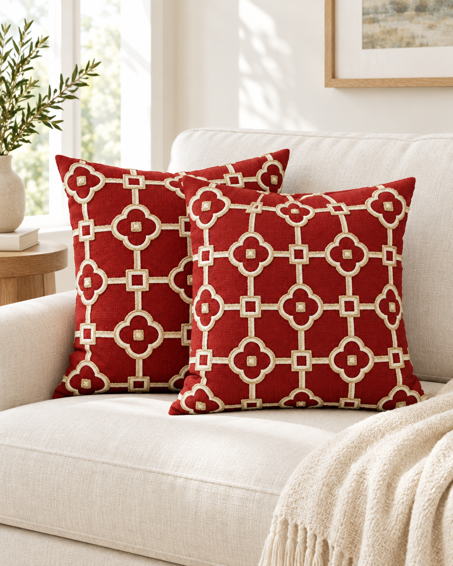 Two red and ivory lattice embroidered ramie cotton cushions on a cream linen sofa beside a knitted throw