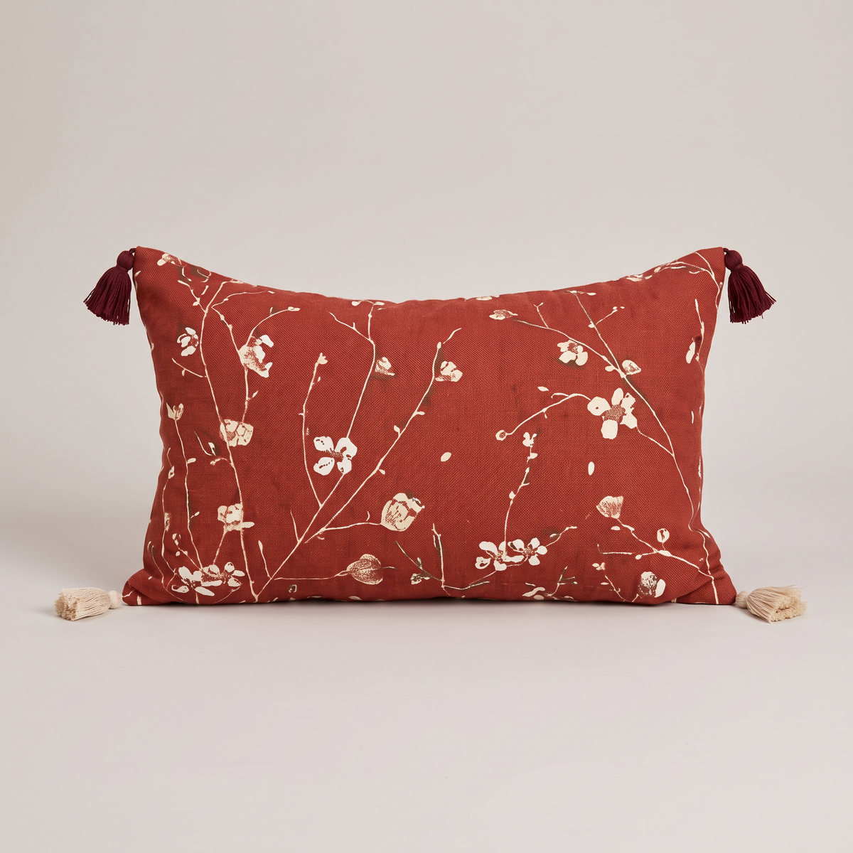 Red and ivory blossom jacquard cushion cover, single lumbar cushion