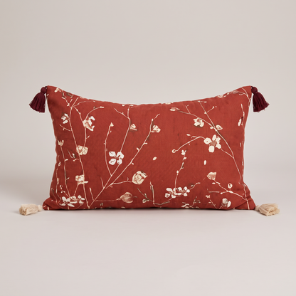 Red and ivory blossom jacquard cushion cover, single lumbar cushion