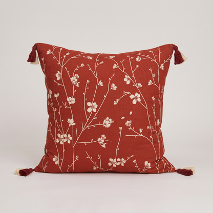 Red and ivory blossom jacquard cushion cover, single square cushion