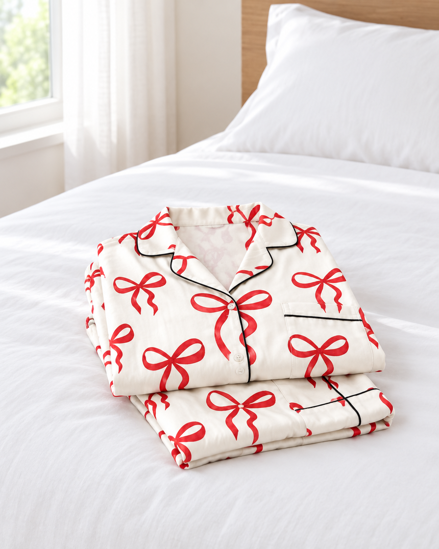 Red ribbon bow print pyjama set folded on a white made bed