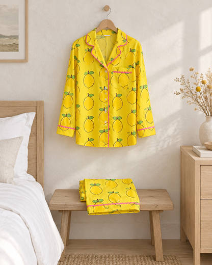 Ripe Lemon long pyjama shirt with pink ric-rac trim on a hanger in a Scandi bedroom, trousers on a bench.