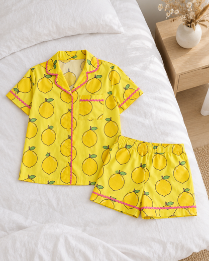 Ripe Lemon cotton short pyjama set with pink ric-rac trim laid flat on a white bed in a pale oak bedroom.