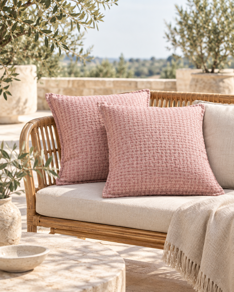Rose basket weave jacquard cushions on a rattan bench on a sunny terrace