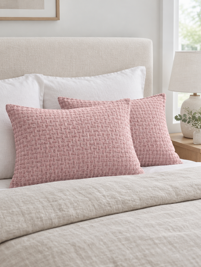 Dusty pink basketweave rose jacquard cushions on an oatmeal linen duvet