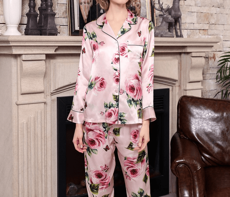 19 momme Pink Roses Long Pyjama Set — Women's