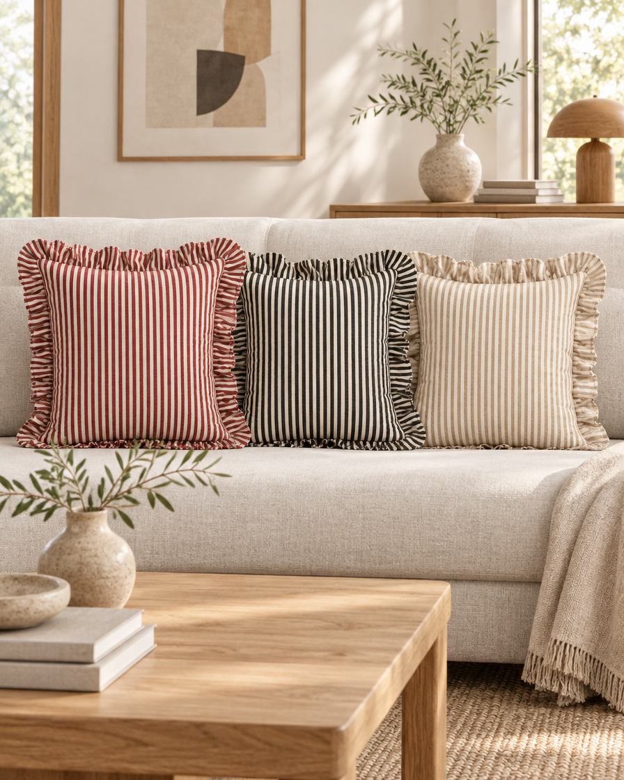 Brick red, black and beige ruffled ticking stripe cushions on a linen sofa in a Japandi lounge