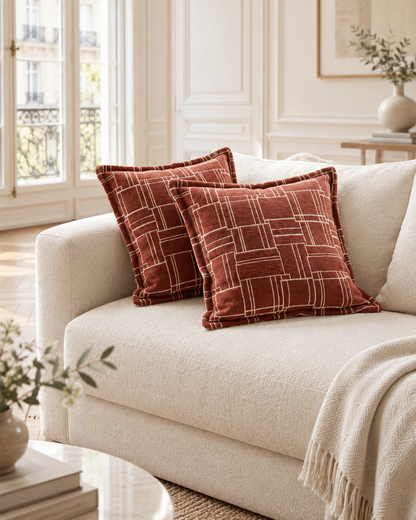 Rust grid jacquard cushions on a cream sofa in a panelled Parisian salon