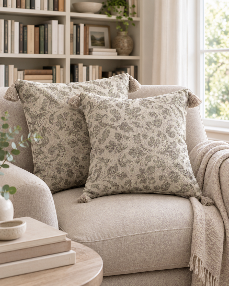 Sage and ivory grape leaf jacquard cushions with tassels on an armchair in a book-lined reading nook