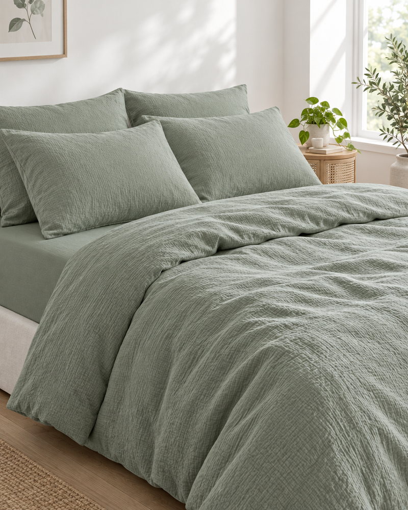 Mint Green Cloud Cotton bedding on a made double bed in an airy white bedroom