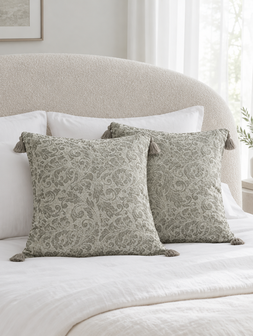Sage and ivory grape leaf jacquard cushions with corner tassels on ivory bedding by a curved boucle headboard