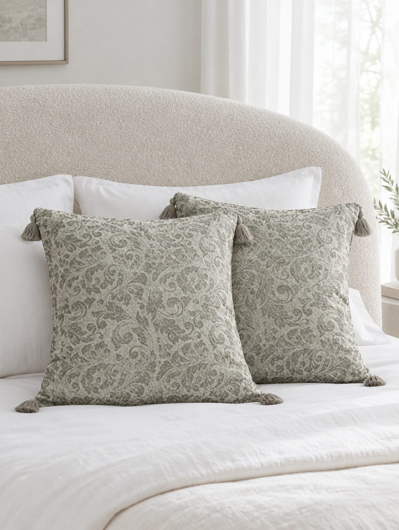Sage and ivory grape leaf jacquard cushions with corner tassels on ivory bedding by a curved boucle headboard