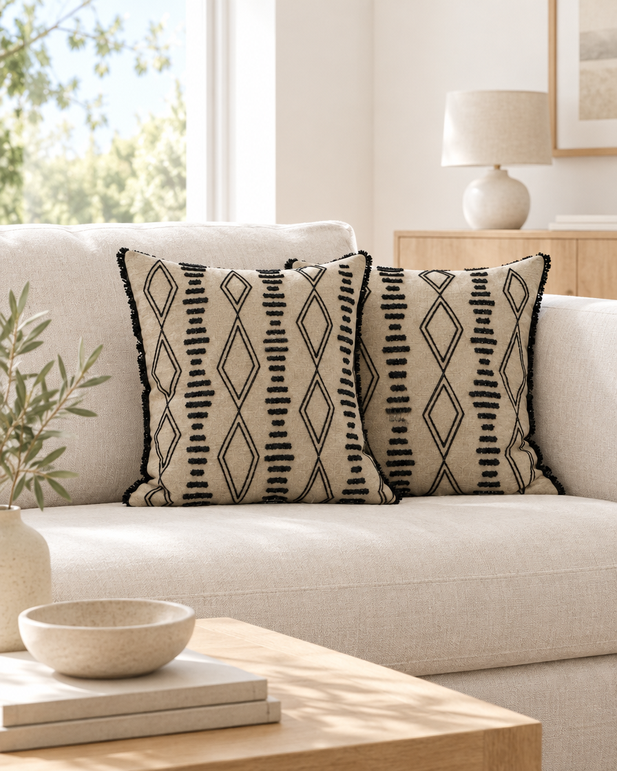 Two sand and black ikat embroidered cushions with fringed edges on a cream sofa beside an oak table