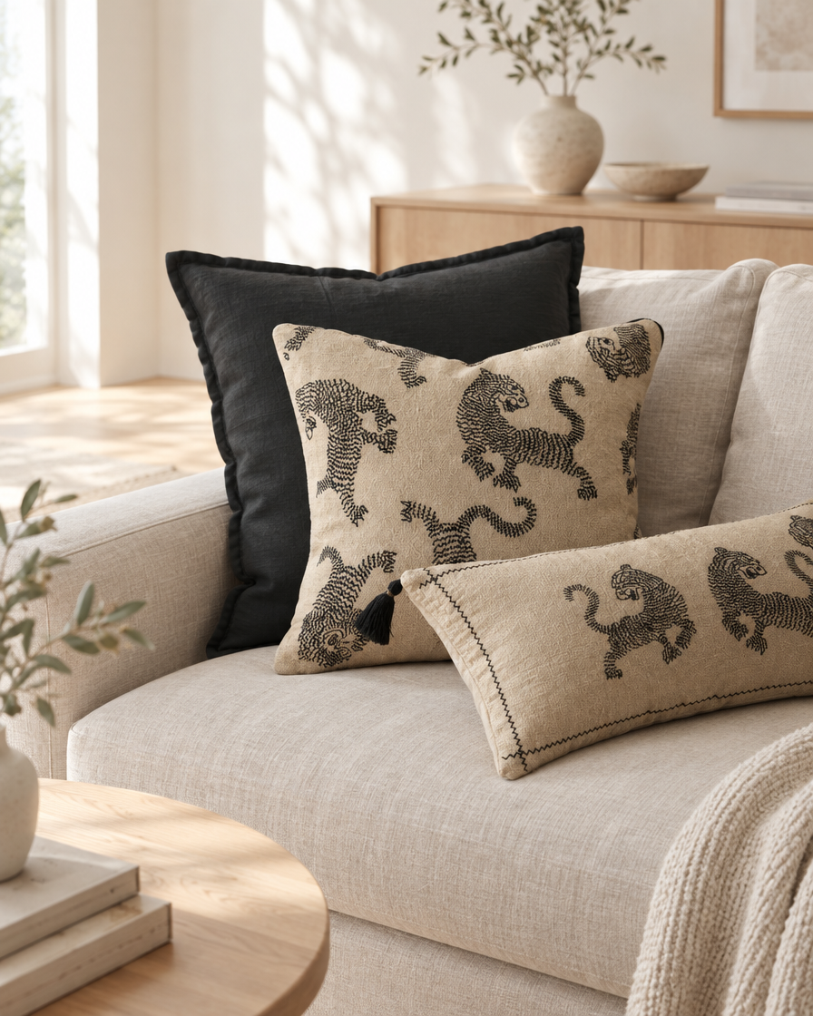 Sand cushions with black tiger embroidery on a linen sofa in a sunlit Scandi living room