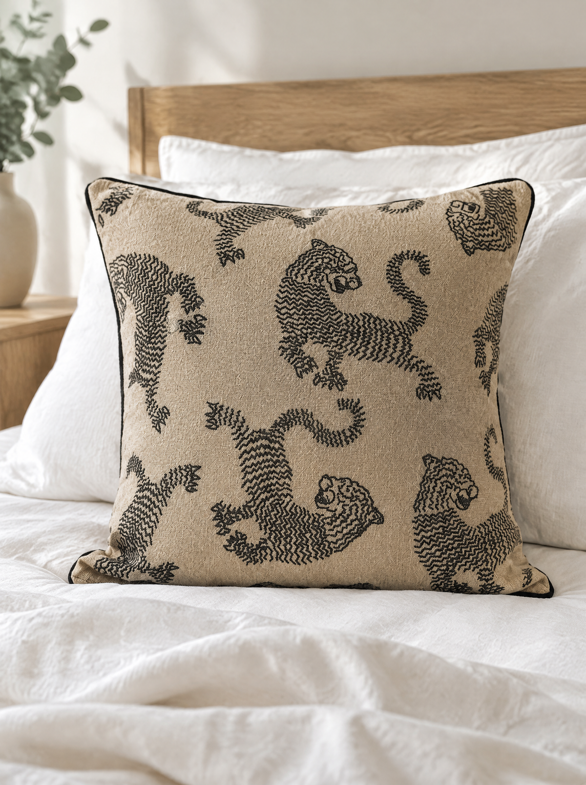 Sand & Black Tiger Embroidery Cushion Covers, styled at home