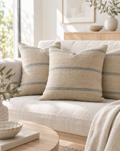 Sand and sky stripe hemp cotton cushions on a linen sofa in a sunlit Scandi living room