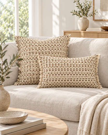 Sand cotton linen cushions with rows of dot embroidery and fringed edges on a linen sofa in a bright room