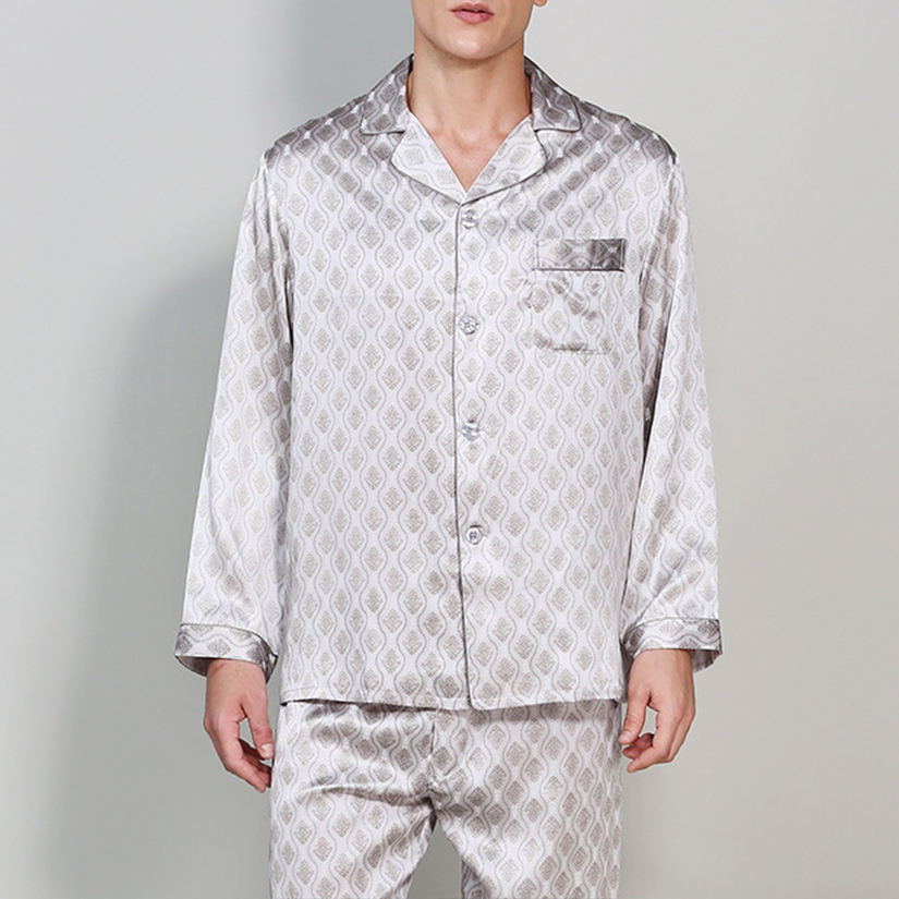 19 momme Silver Geometry Long Pyjama Set — Men's