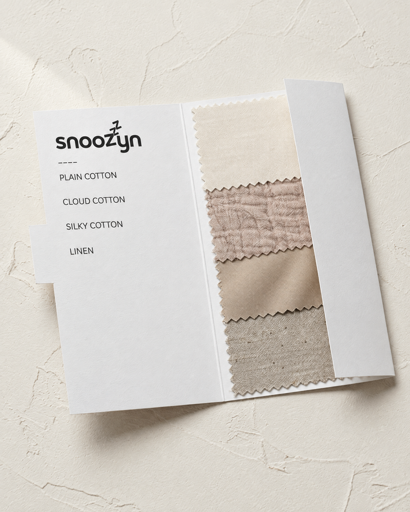 snoozyn Fabric Swatch Pack — Plain Cotton, Cloud Cotton, Silky Cotton and Linen swatches in a card folder