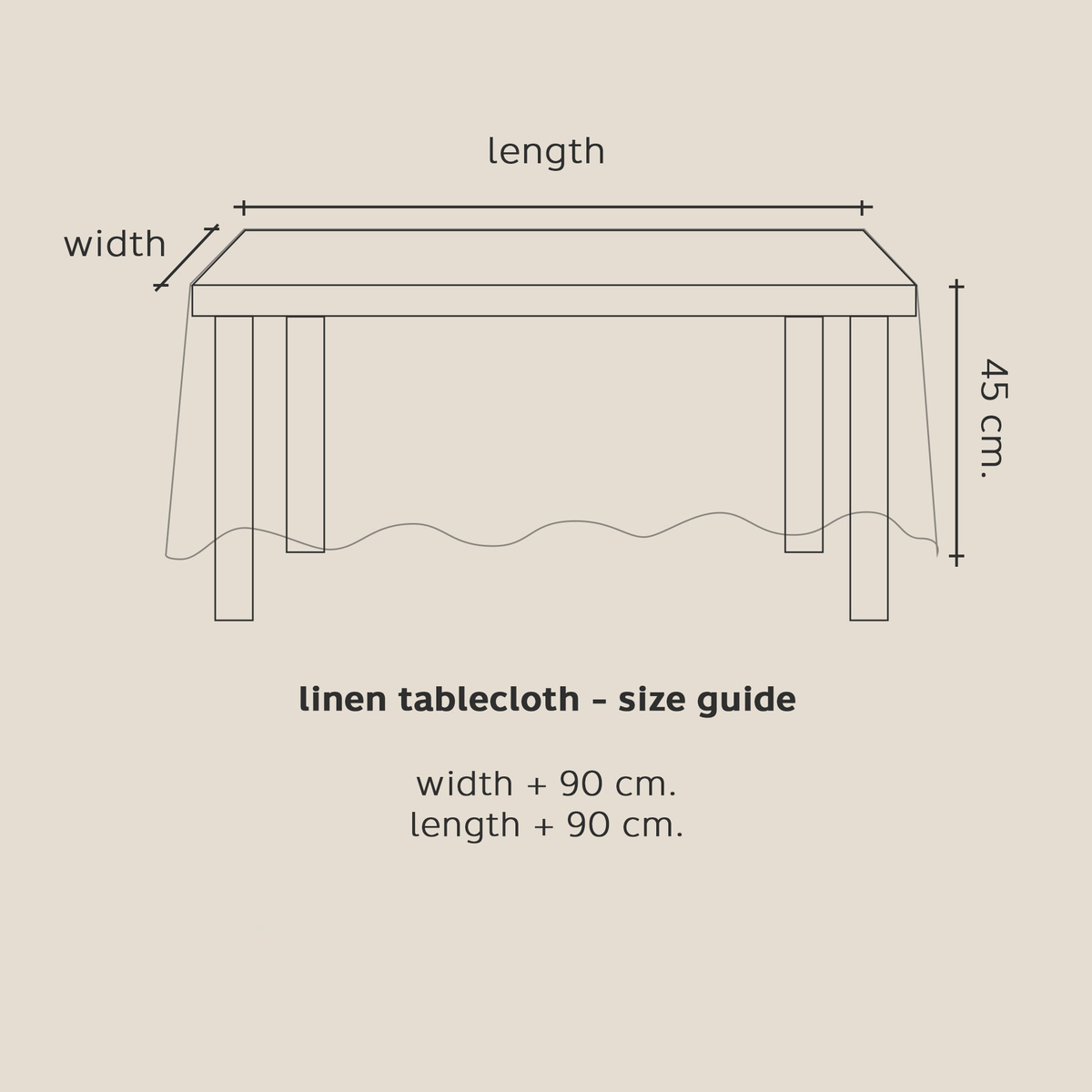 Size guide diagram for a linen tablecloth: table width plus 90 cm and length plus 90 cm, for a 45 cm drop