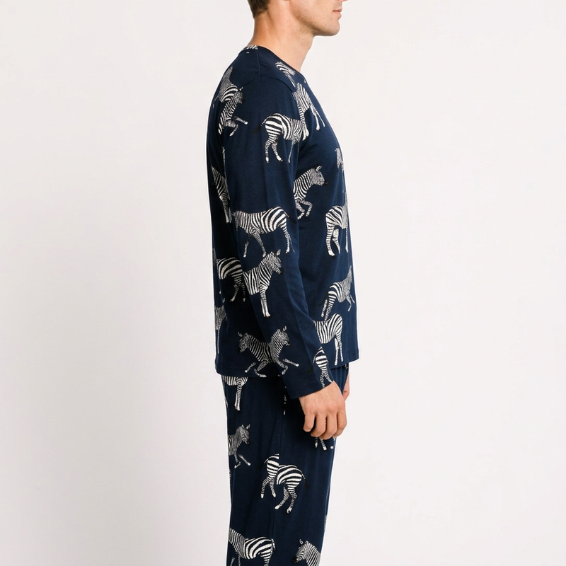 Navy Zebra Crewneck Long Pyjama Set — Men's