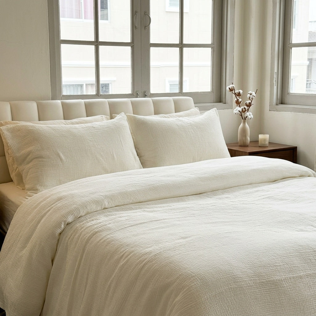 A neatly made bed in a bright bedroom, dressed with a textured off-white duvet cover and two matching pillowcases. The bed is positioned against a padded cream headboard, with a small wooden bedside table holding a vase of cotton stems and a candle near the window.