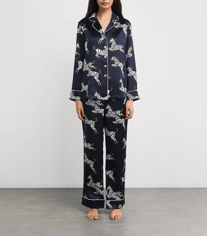 19 momme Navy Zebra Long Pyjama Set — Women's