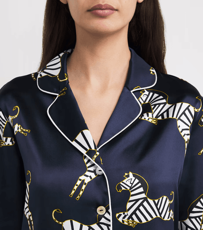 19 momme Navy Zebra Long Pyjama Set — Women's