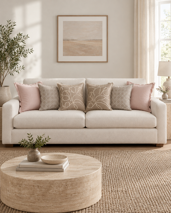 Cream sofa with blush linen, blush taupe lattice and taupe floral embroidered cushions