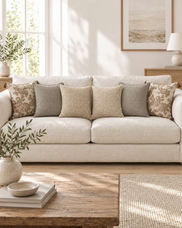 Cream sofa with ivory camellia, taupe hemp and oat cord embroidered cushions