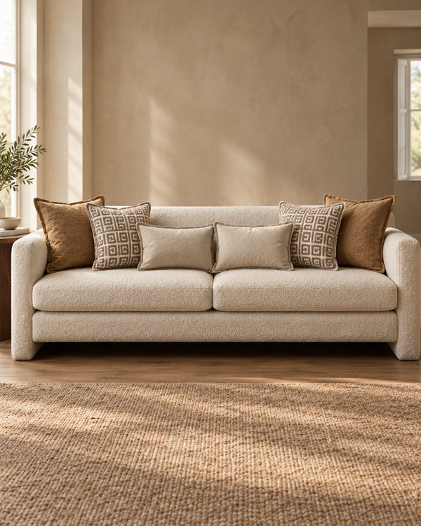 Cream bouclé sofa with caramel slub, key-fret loop-pile and flaxen linen lumbar cushions