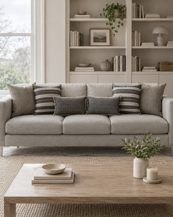 Grey sofa with charcoal check, charcoal wide stripe and charcoal grid lumbar cushions